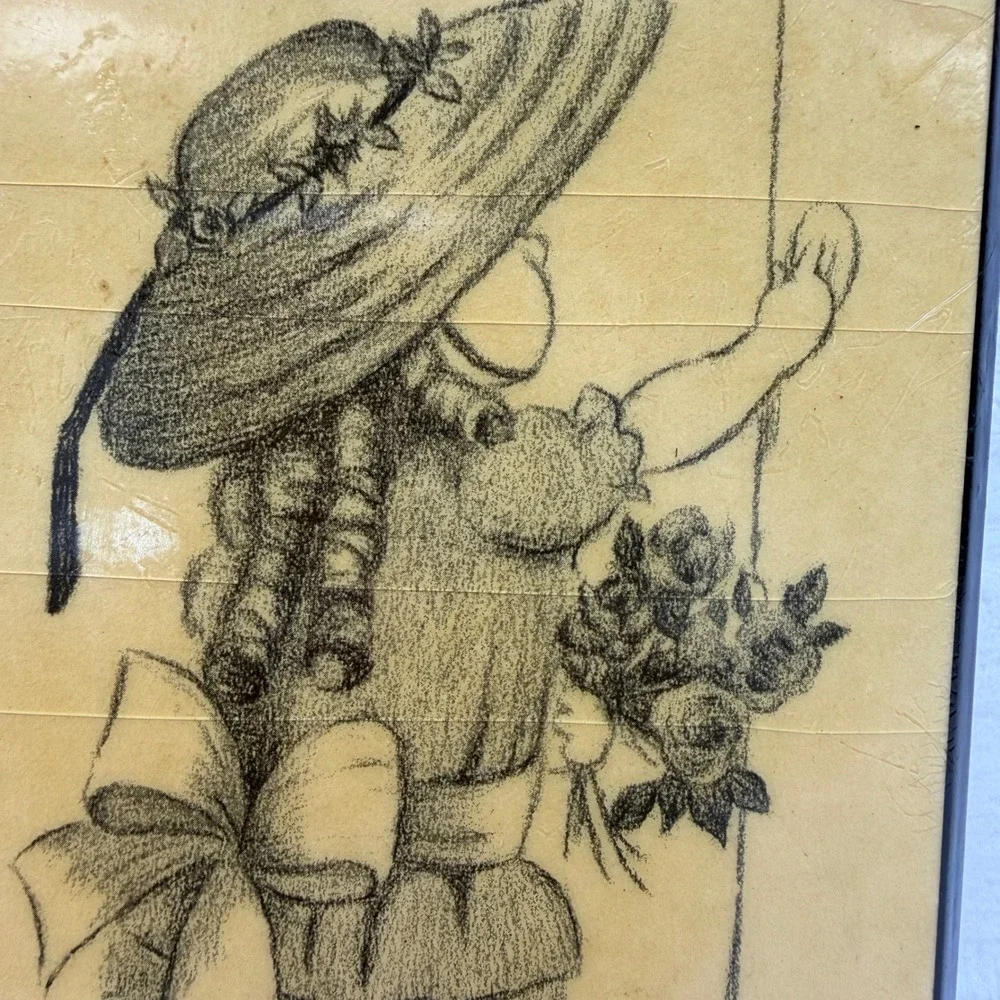 Vintage 1972 Ann Adams Wood Plaque Decoupage Girl in Sun‎ Hat Sketch Wall Art